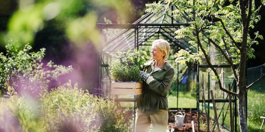 Vrouw houdt plantenbak vast terwijl ze in de tuin bezig is